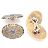 Antique 14K Yellow Gold Sapphire Etched Ornamental Mens Cufflinks
