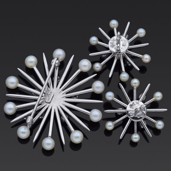 Church & Co. Pearl and Sapphire 14K White Gold Snowflake Earrings & Brooch Set