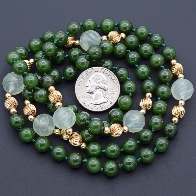 Vintage 14K Yellow Gold 8-12 mm Green Jade Beaded Strand Necklace 34 Inches