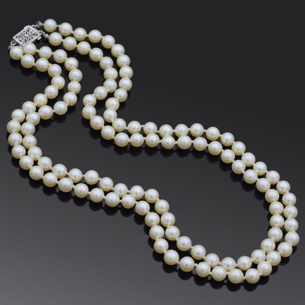 Vintage 14K White Gold 5.5-5.7 mm Pearl Beaded Double-Strand Necklace 15.5 Inches