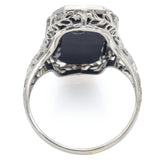 Antique 18K White Gold Black Onyx & Diamond Floral Rectangle Ring Size 6