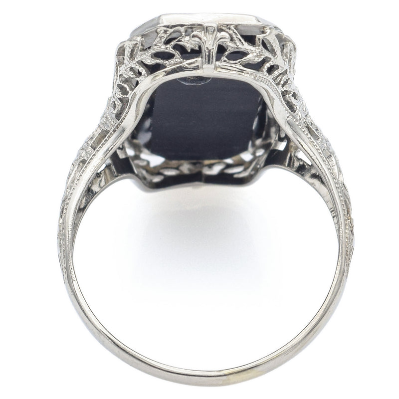 Antique 18K White Gold Black Onyx & Diamond Floral Rectangle Ring Size 6