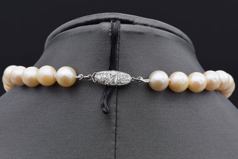 Antique 14K White Gold 9-10 mm Pearl & Old Euro Diamond Beaded Strand Necklace