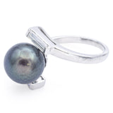 Vintage 14K White Gold Black Pearl & Diamond Bypass Band Ring Size 5.5