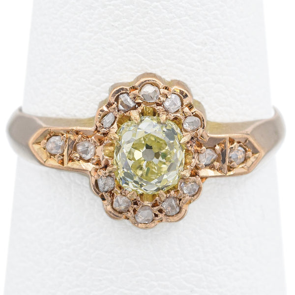 GIA A.W.C & Co. 0.62 Ct Greenish Yellow Old Mine Cut Diamond 18K Gold Ring