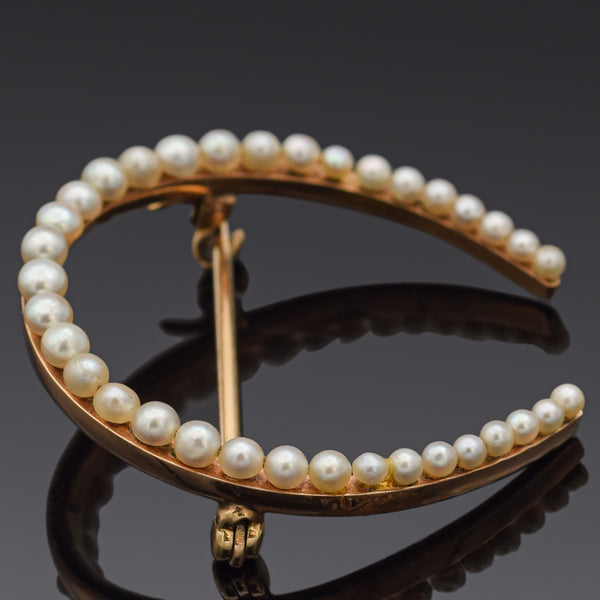 Antique 14K Yellow Gold Pearl Horseshoe Brooch Pin