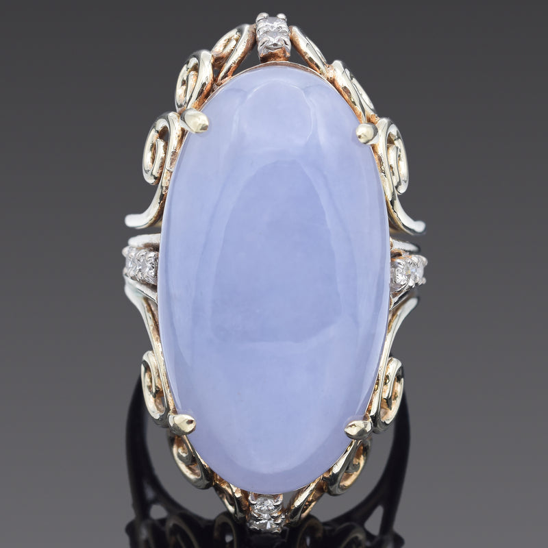 Vintage 14K Yellow Gold 21.56 Ct. Lavender Jade & Diamond Cocktail Ring Size 7
