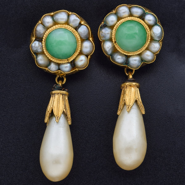 Vintage Green Jade & Pearl 足金 24K Yellow Gold Jacket Screwback Dangle Earrings