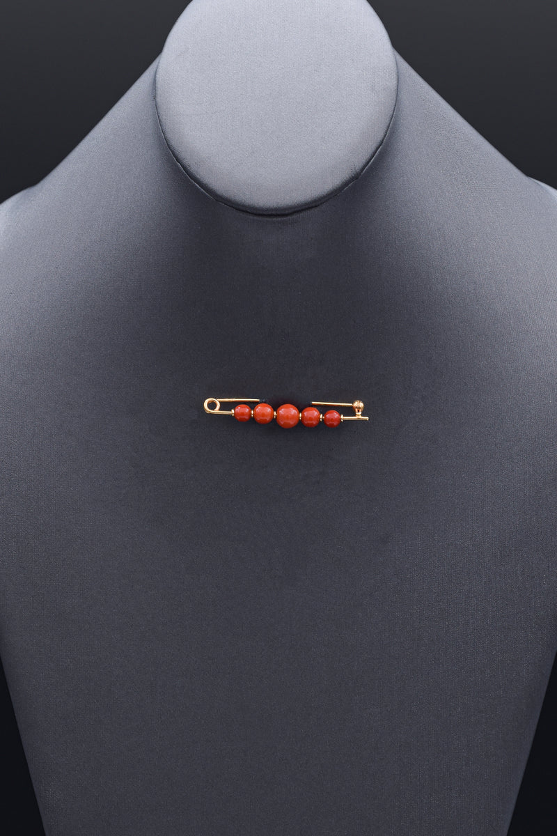 Vintage 18K Yellow Gold Red Coral Bead Safety Pin Brooch Pin
