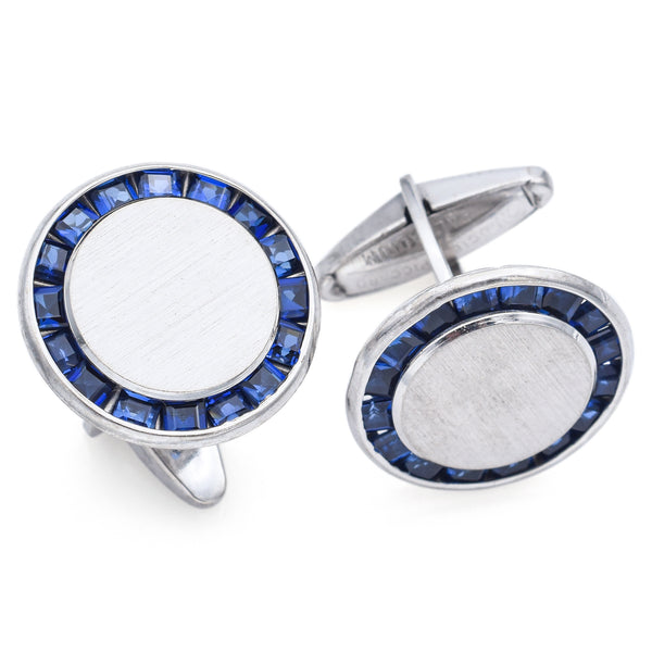 Vintage Lucien Piccard Palladium Sapphire Round Cufflinks 21 mm