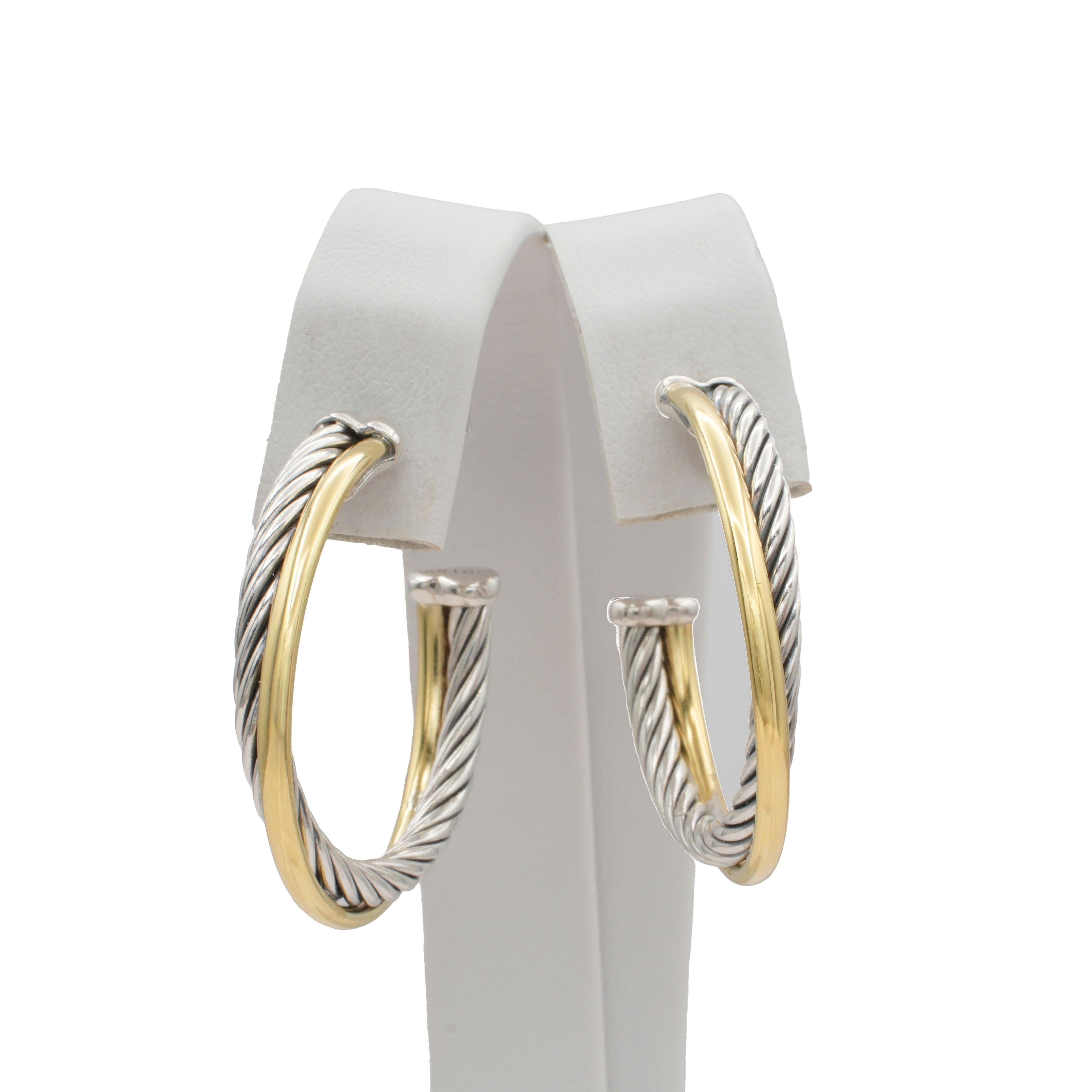David Yurman Cable Sterling Silver and 14k Yellow Gold Hoop Earrings