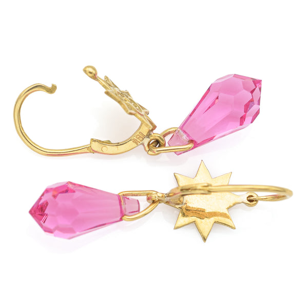 Vintage 18K Yellow Gold Pink Crystal Sun Dangle Earrings