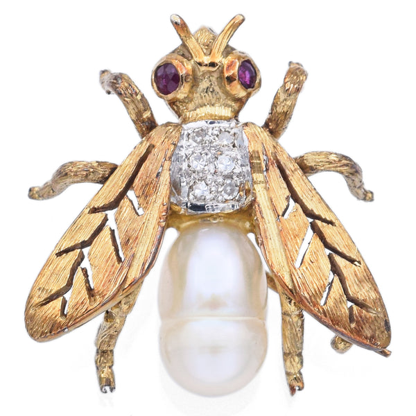 Vintage 14K Yellow Gold Ruby, Pearl & Diamond Bee Bug Brooch Pin Pendant