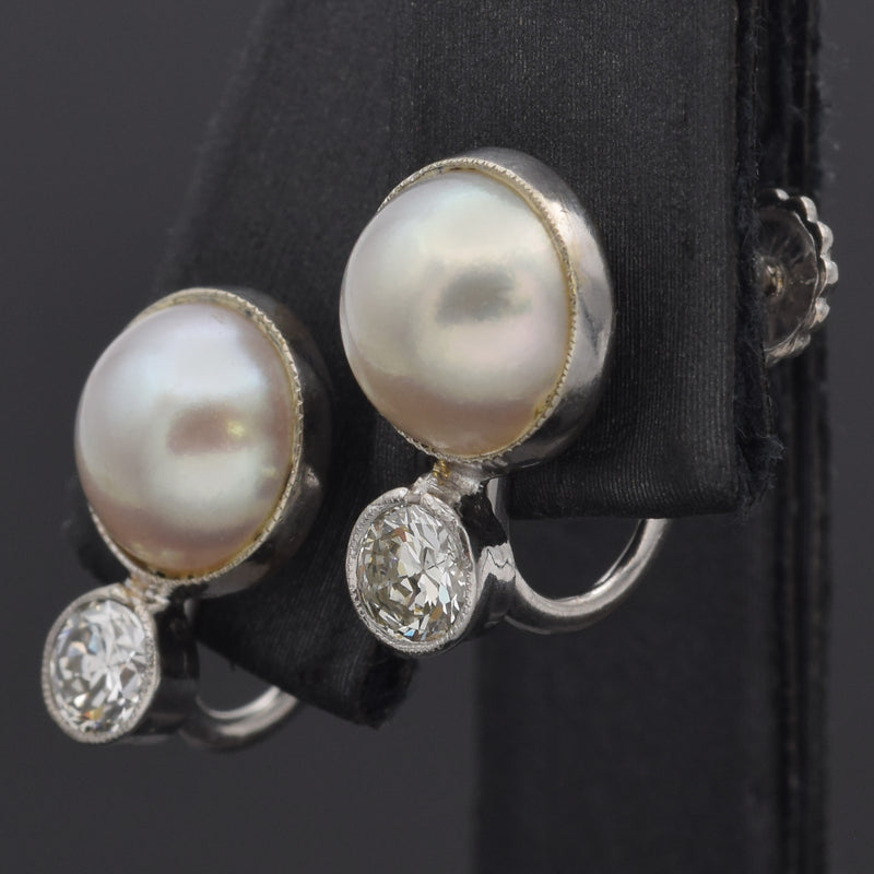 Vintage 14K White Gold Sea Pearl & 0.44 TCW Old Euro Diamond Screw Back Earrings