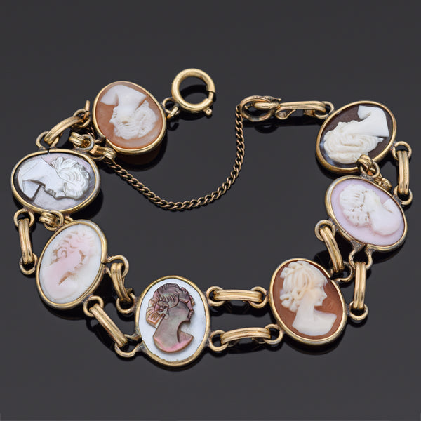Antique 12K GF Coral, Mother of Pearl & Shell Cameo Link Bracelet