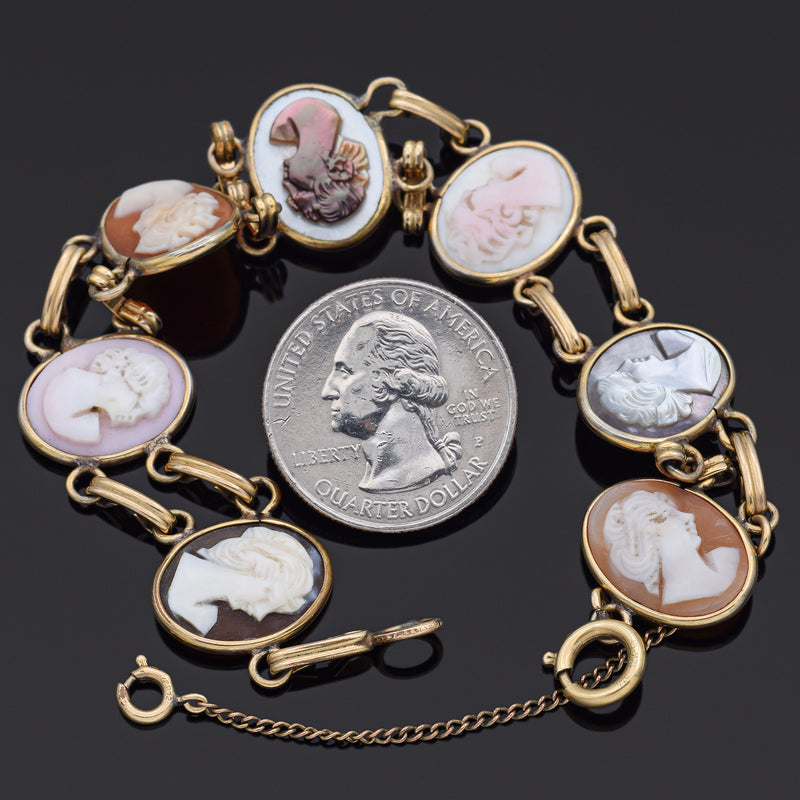 Antique 12K GF Coral, Mother of Pearl & Shell Cameo Link Bracelet