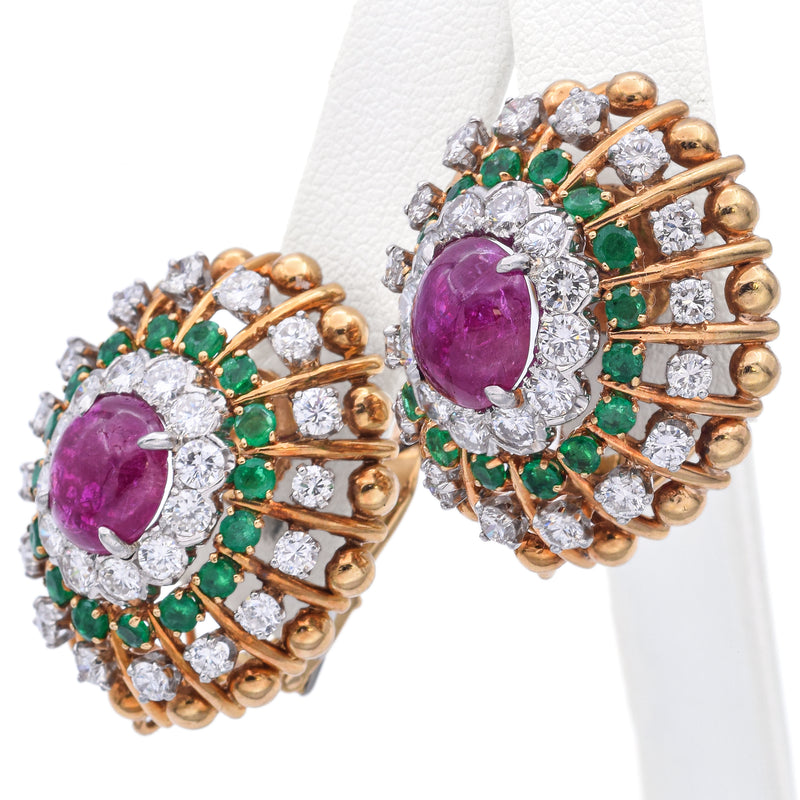 David Webb 18K Gold & Platinum Ruby, Emerald & 3.86 TCW Diamond Omega Earrings