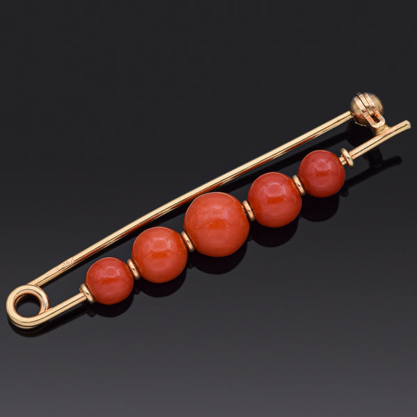 Vintage 18K Yellow Gold Red Coral Bead Safety Pin Brooch Pin