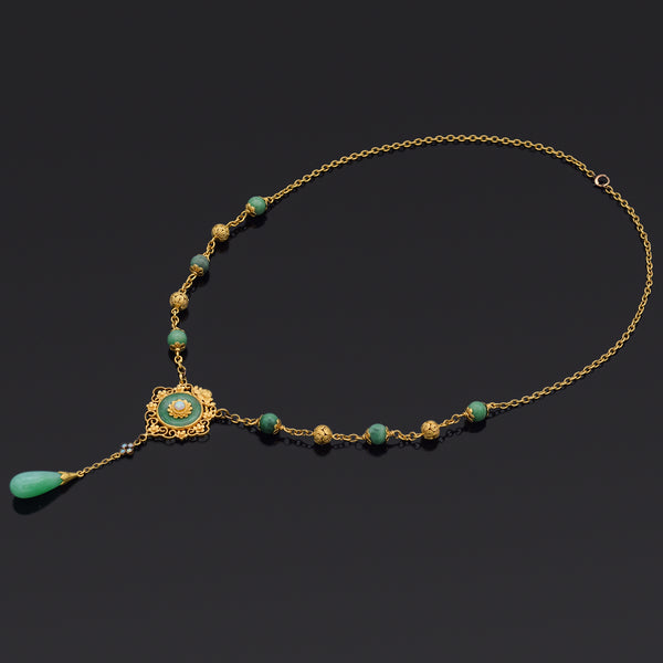 Vintage 足金 24K Yellow Gold Green Jade & Opal Drop Pendant Necklace