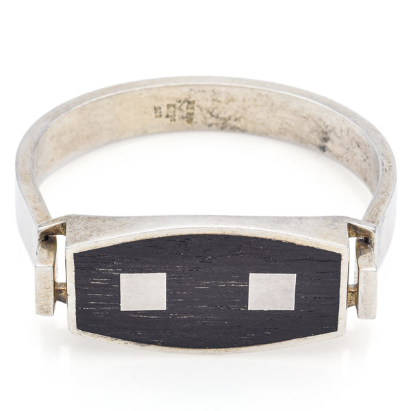 Puig Doria Spain Vintage Sterling Silver Wood Inlay Modernist Bangle Bracelet
