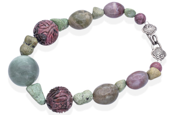 Stephen Dweck Sterling Silver Turquoise Lepidolite Rhodonite Beaded Necklace