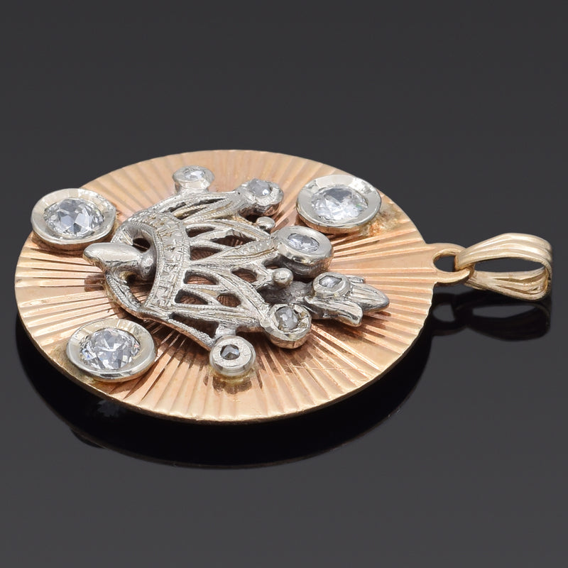 Vintage 14K Yellow Gold 0.59 TCW Old Euro Diamond Crown Pendant