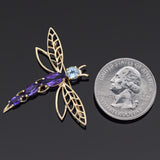 Estate MB Signed 14K Yellow Gold Amethyst & Blue Topaz Dragonfly Brooch Pin