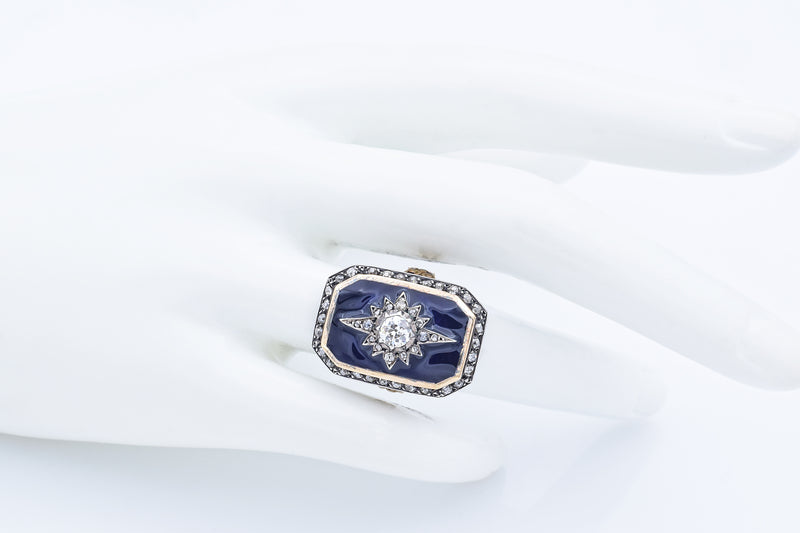 Antique 18K Yellow Gold & Sterling Silver 1.02 TCW Diamond & Blue Enamel Ring