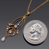 Antique 10K Yellow Gold Pearl, Zircon & Diamond Pendant Necklace + Box
