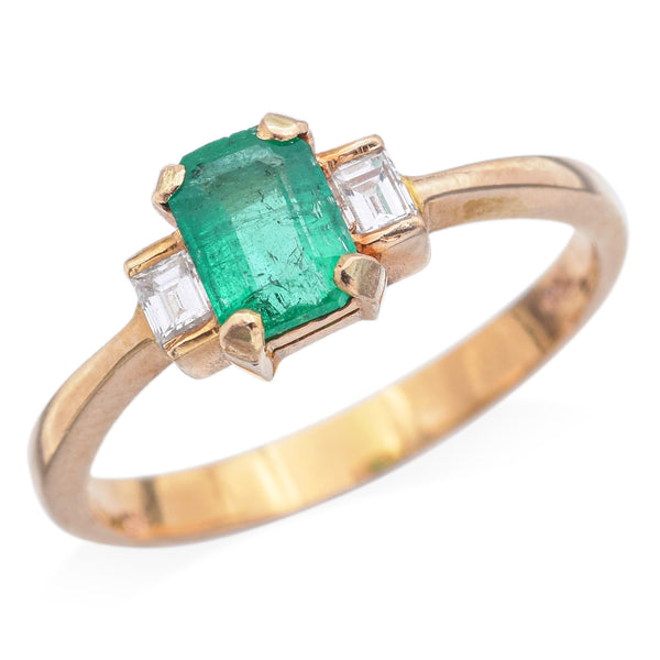 Estate 18K Yellow Gold Emerald & Diamond Three-Stone Band Ring Size 6