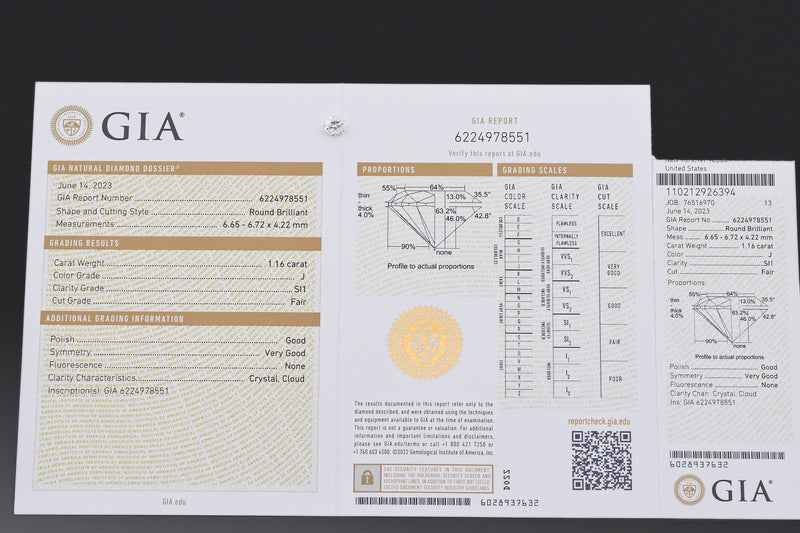 GIA Certified 1.16 Ct Round Brilliant J SI1 Diamond 6.65-6.72x4.22 mm