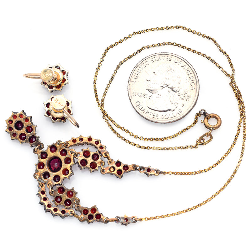 Antique Garnet 10K Yellow Gold Dangle Earrings & Gold Filled Necklace Set