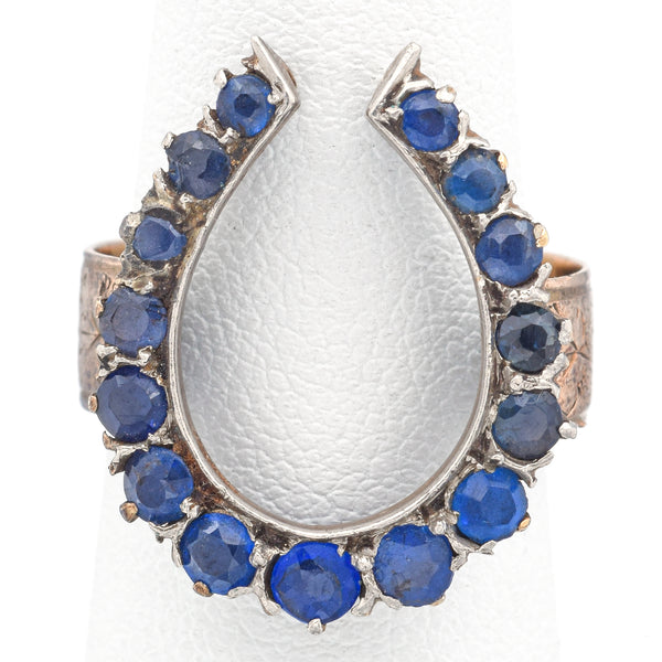 Antique 14K Yellow Gold Sapphire & Blue Quartz Horseshoe Ring Size 6.25