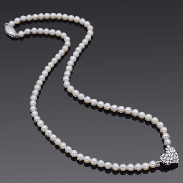 Vintage 14K White Gold Pearl & 0.52 TCW Diamond Heart Beaded Strand Necklace