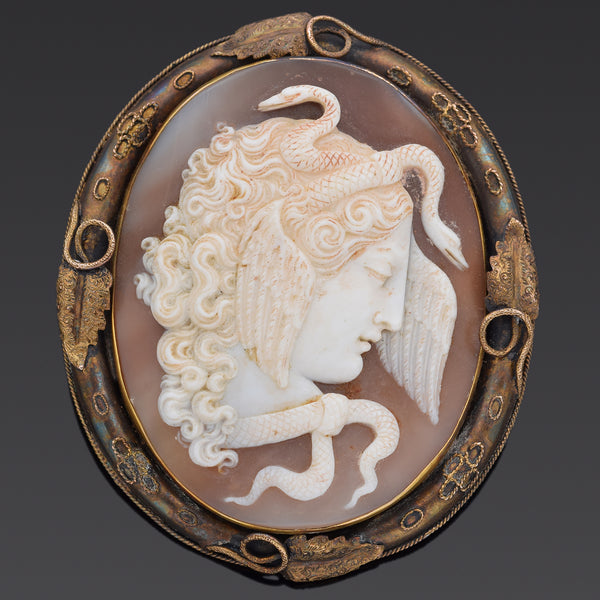 Antique 18th Century 14K Yellow Gold Cameo Shell Medusa Brooch Pin