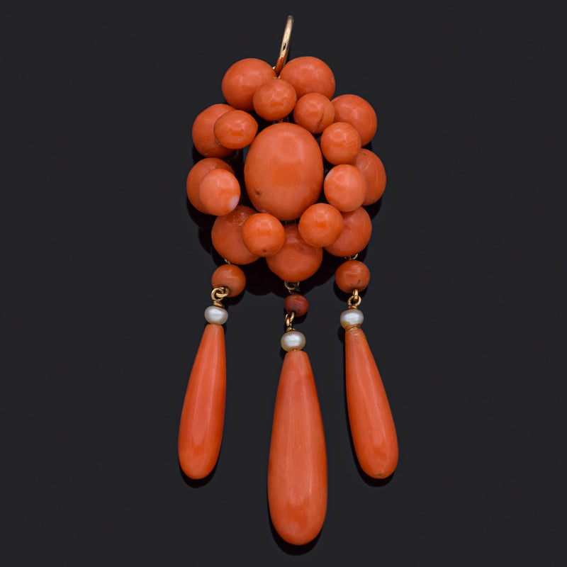 Vintage 14K Yellow Gold Red Coral & Pearl Cluster Pendant