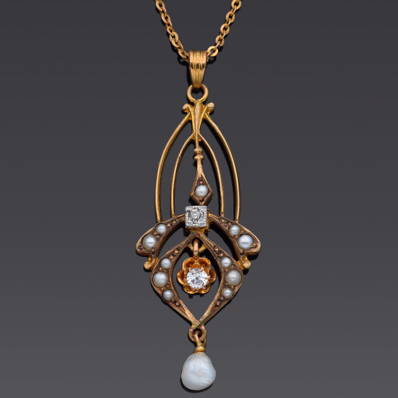Antique 10K Yellow Gold Pearl, Zircon & Diamond Pendant Necklace + Box