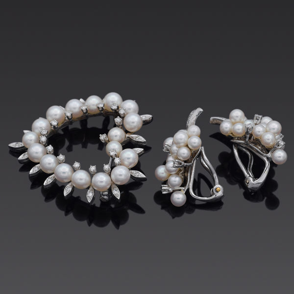 14K Gold Pearl & 1.08 TCW Diamond Heart Brooch & Grape Earrings +Tiffany Box