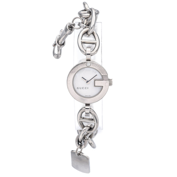 Vintage Gucci 107 Ladies Diamond Steel Quartz G Charm Bracelet Wristwatch