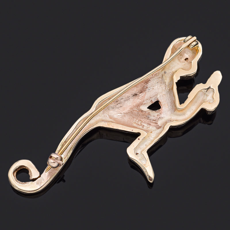 Vintage 14K Yellow Gold Diamond Monkey Holding Banana Brooch Pin