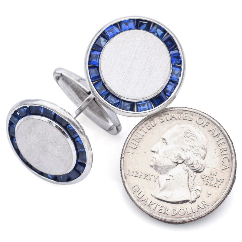 Vintage Lucien Piccard Palladium Sapphire Round Cufflinks 21 mm