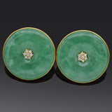 Vintage 14K Yellow Gold Green Jade & Diamond Large Round Omega-Back Earrings