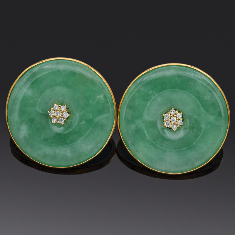 Vintage 14K Yellow Gold Green Jade & Diamond Large Round Omega-Back Earrings