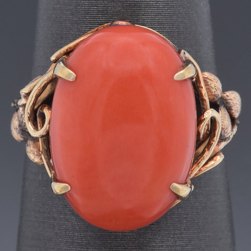 Vintage 14K Yellow Gold Red Coral Filigree Cocktail Ring 6.3 Grams Size 6.25