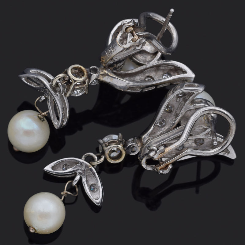 Vintage 14K White Gold Pearl & 1.16 TCW Diamond Omega Back Dangle Earrings
