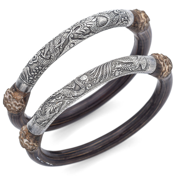 Antique Silver Rattan Wood Dragon and Phoenix Etched Arm Bands Bangle Set of 2
