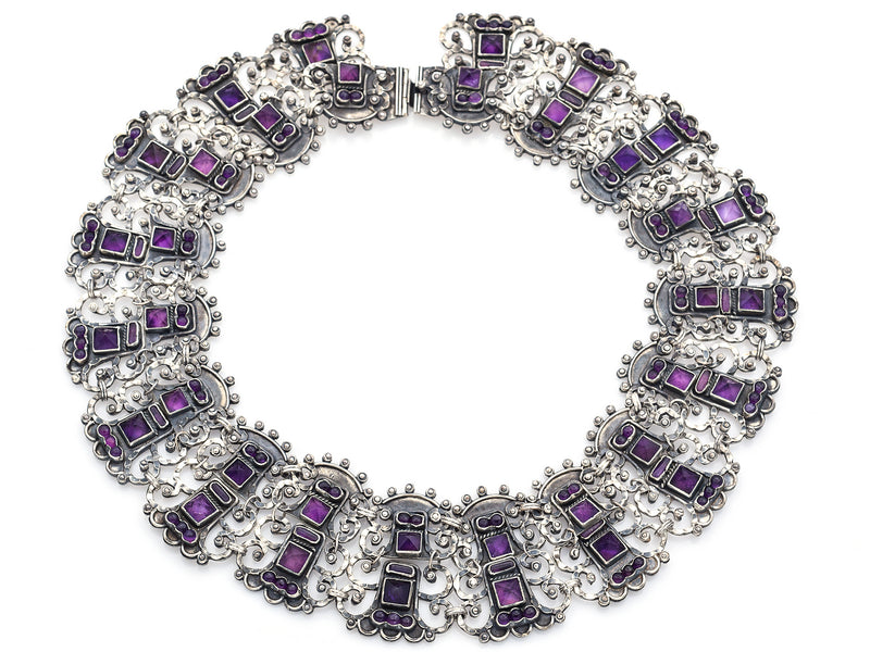 Vintage Mexico Sterling Silver Amethyst Chunky Chain Collar Necklace