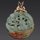 Vintage 14K Yellow Gold Green Red Jade Carved Phoenix Deity Large Round Pendant