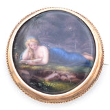 Antique 14K Yellow Gold Hand Painted Portrait Brooch Pin 37 mm