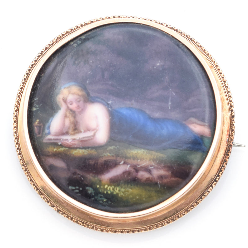 Antique 14K Yellow Gold Hand Painted Portrait Brooch Pin 37 mm